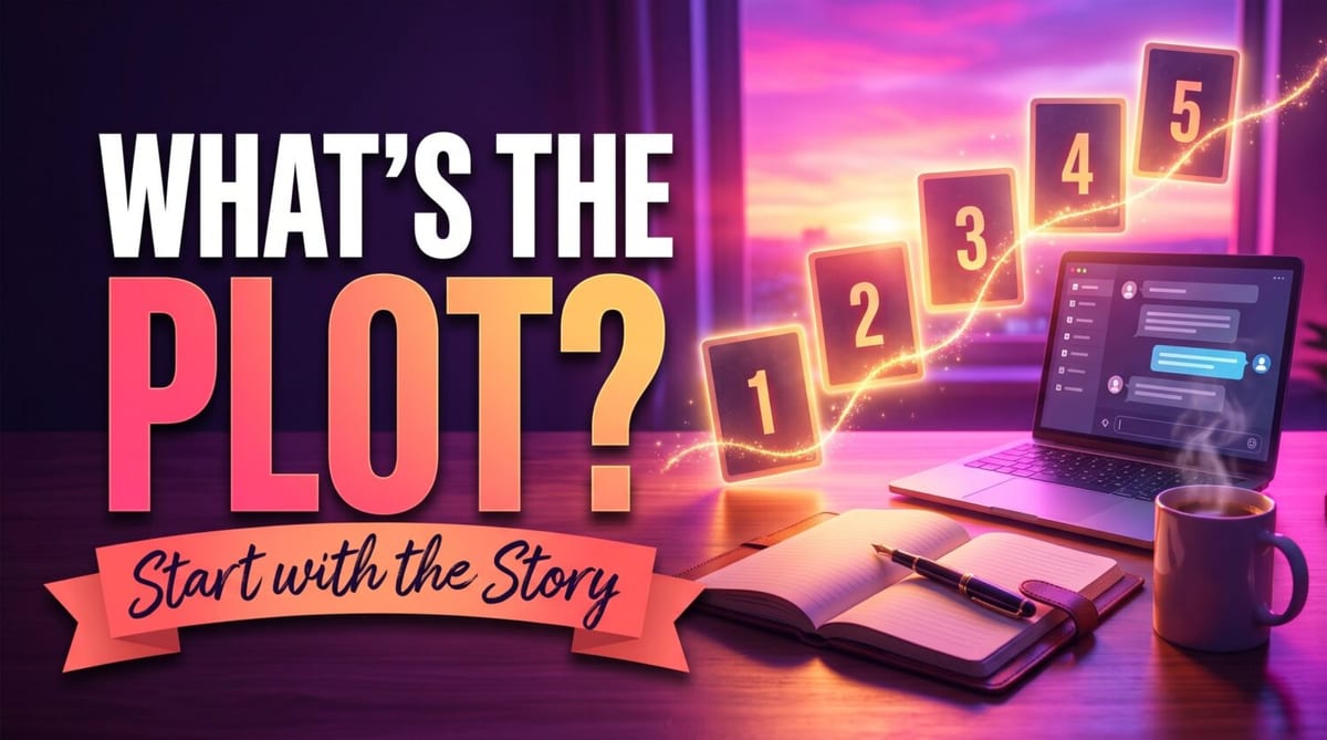 What's the Plot? Start with the Story: five numbered story cards, a laptop and a notebook