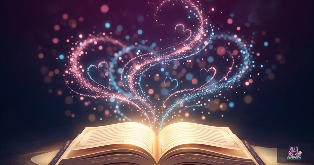 Open book with glowing emotional particles - AI writing tools for romance